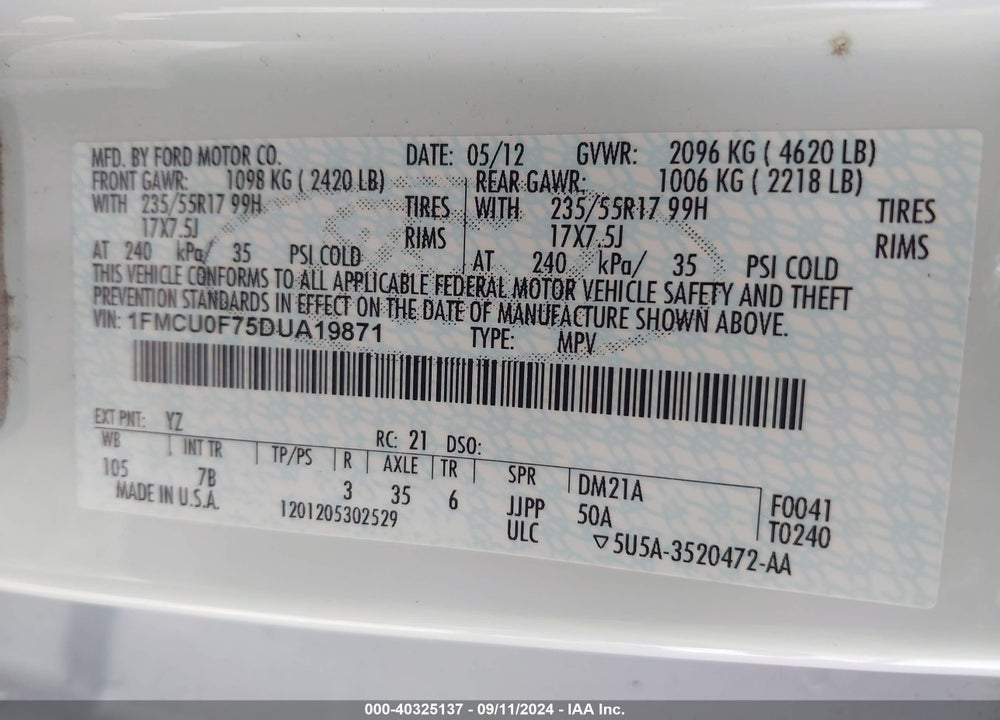 2013 FORD ESCAPE S VIN: 1FMCU0F75DUA19871
