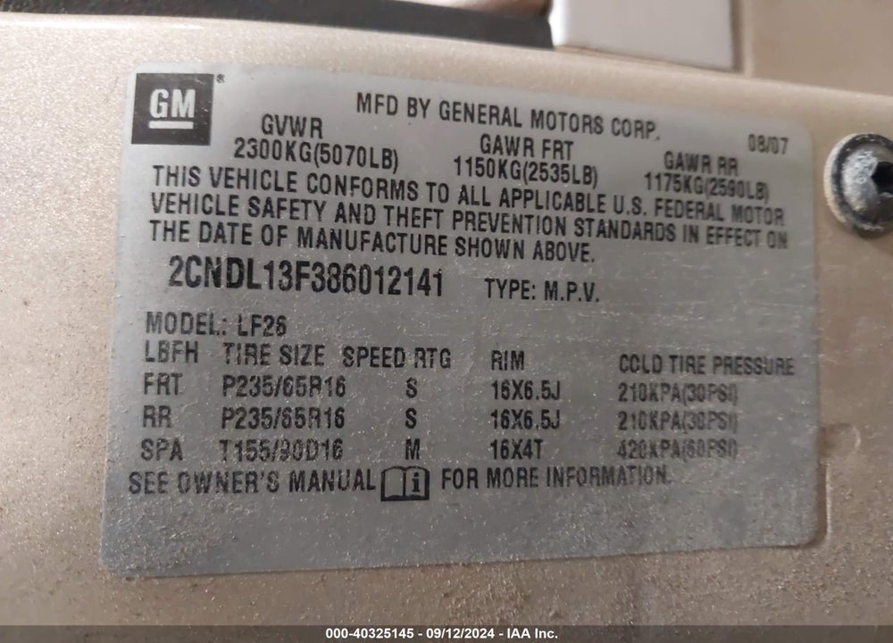 2008 CHEVROLET EQUINOX LS VIN: 2CNDL13F386012141