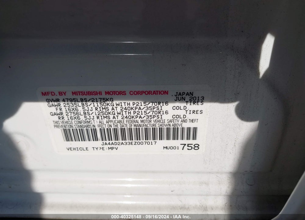 2014 MITSUBISHI OUTLANDER VIN: JA4AD2A33EZ007017