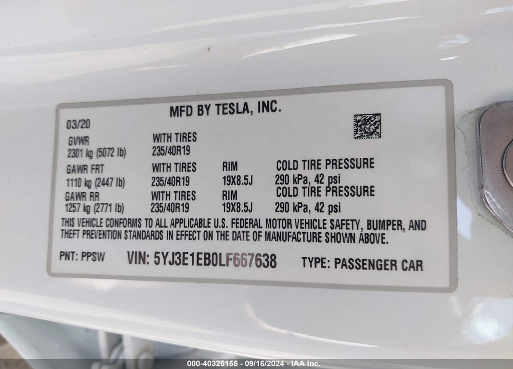 2020 TESLA MODEL 3 LONG RANGE DUAL MOTOR ALL-WHEEL DRIVE VIN: 5YJ3E1EB0LF667638