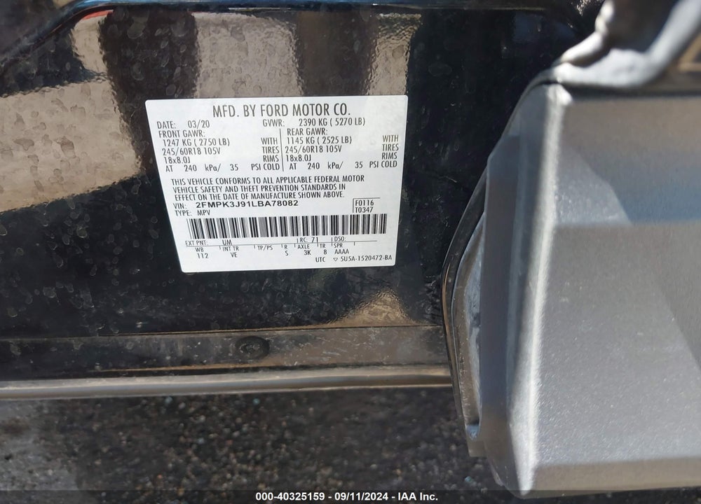 2020 FORD EDGE SEL VIN: 2FMPK3J91LBA78082