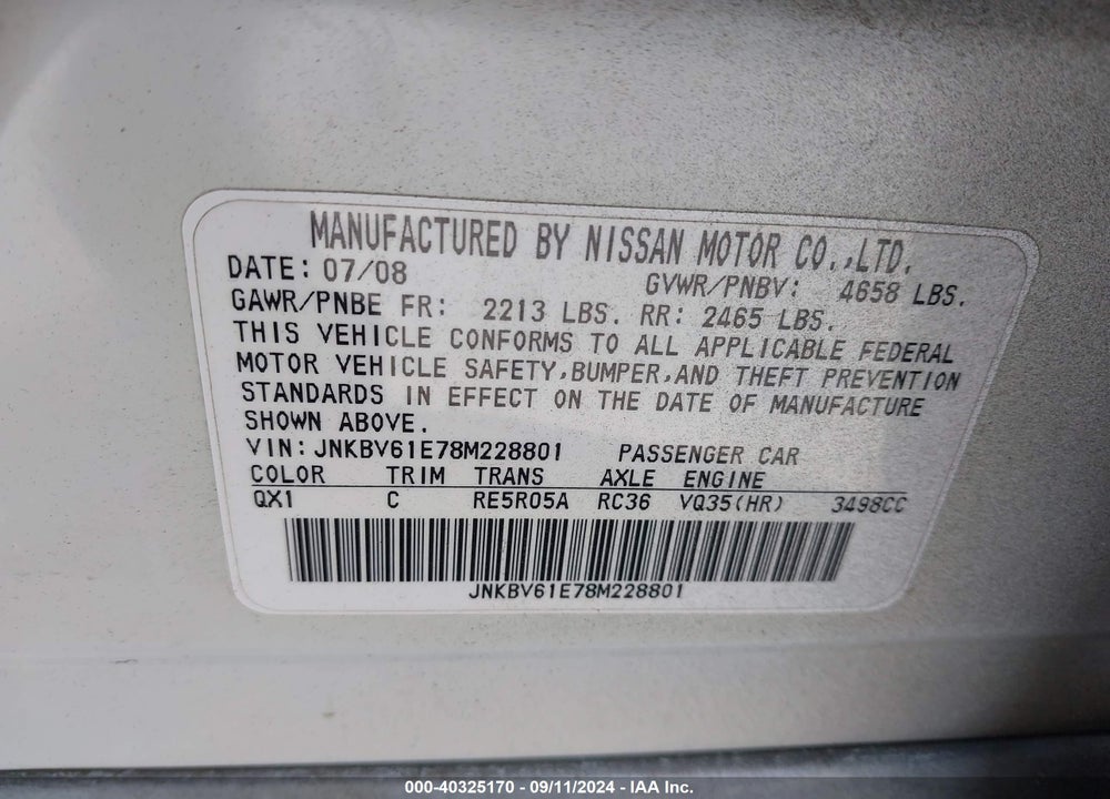 2008 INFINITI G35 VIN: JNKBV61E78M228801