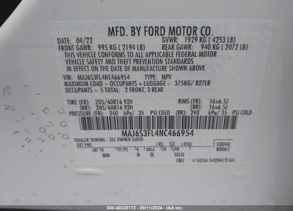 2022 FORD ECOSPORT S VIN: MAJ6S3FL4NC466954
