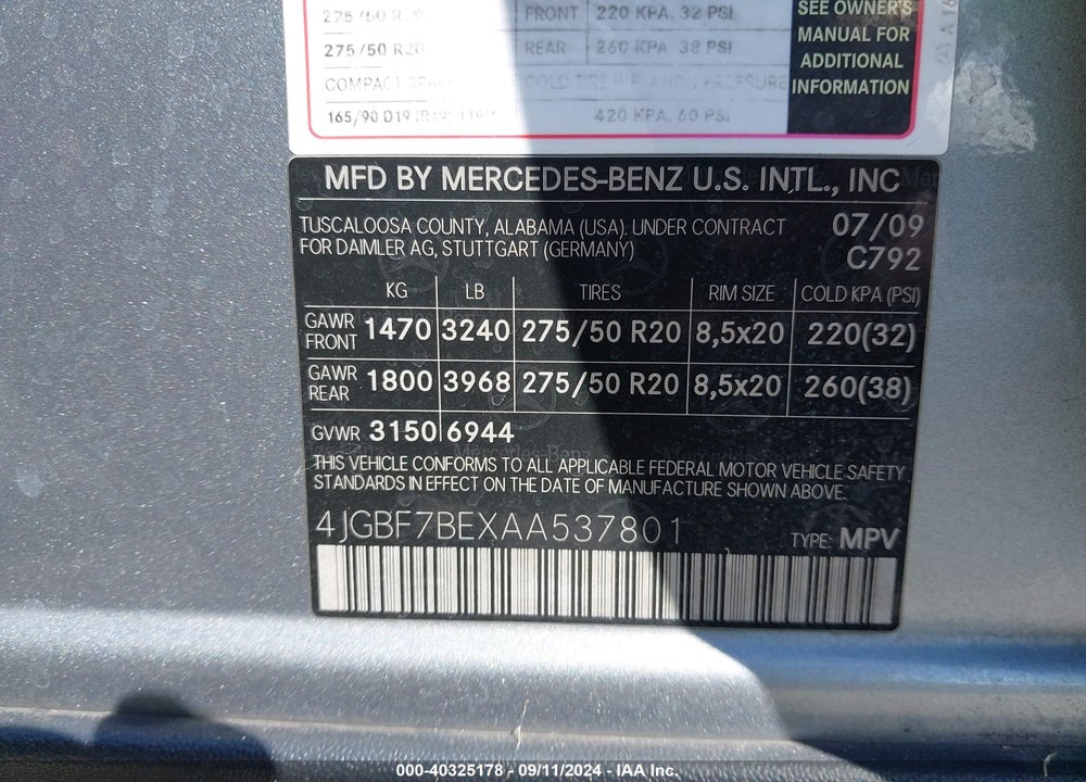 2010 MERCEDES-BENZ GL 450 VIN: 4JGBF7BEXAA537801