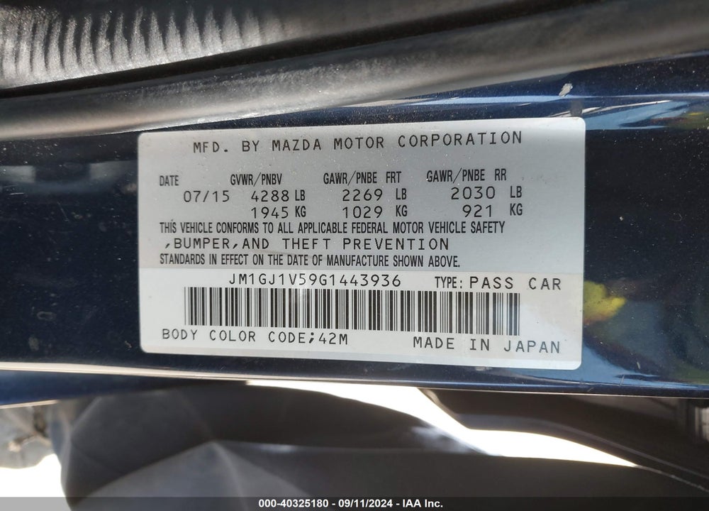 2016 MAZDA 6 I TOURING VIN: JM1GJ1V59G1443936