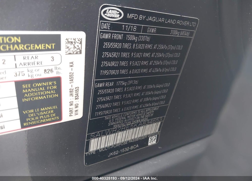 2019 LAND ROVER RANGE ROVER SPORT SUPERCHARGED DYNAMIC VIN: SALWR2RE5KA834653