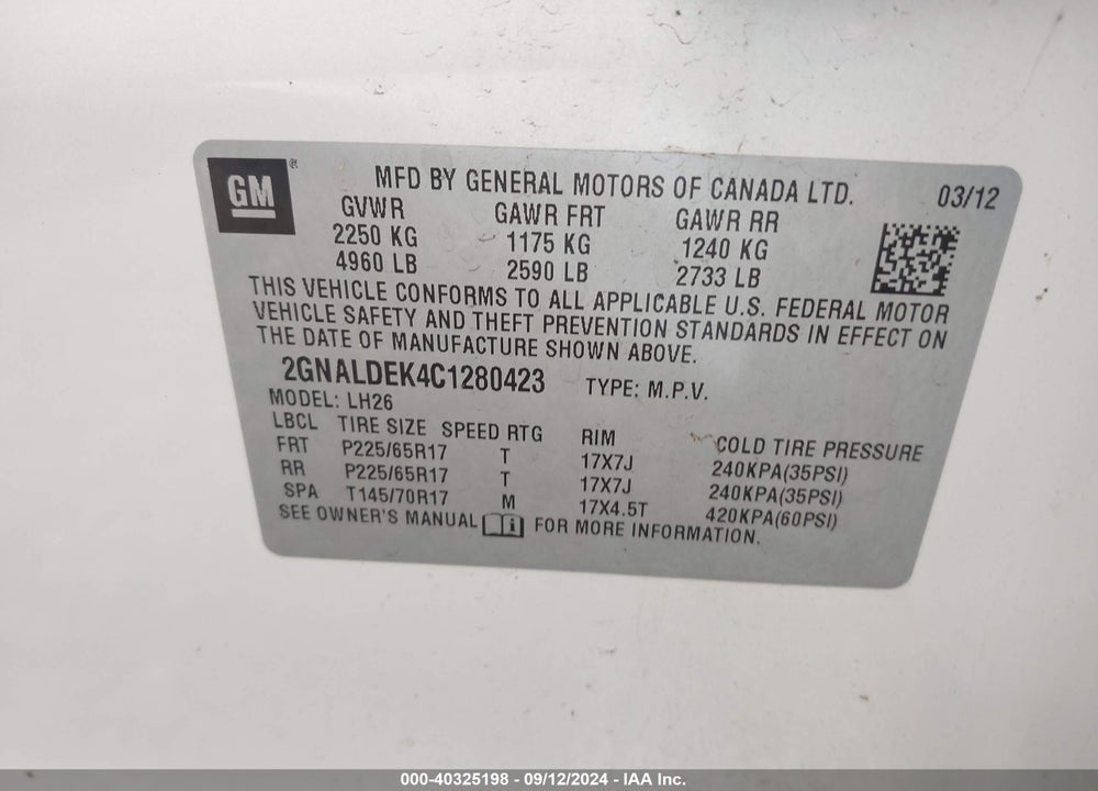 2012 CHEVROLET EQUINOX 1LT VIN: 2GNALDEK4C1280423