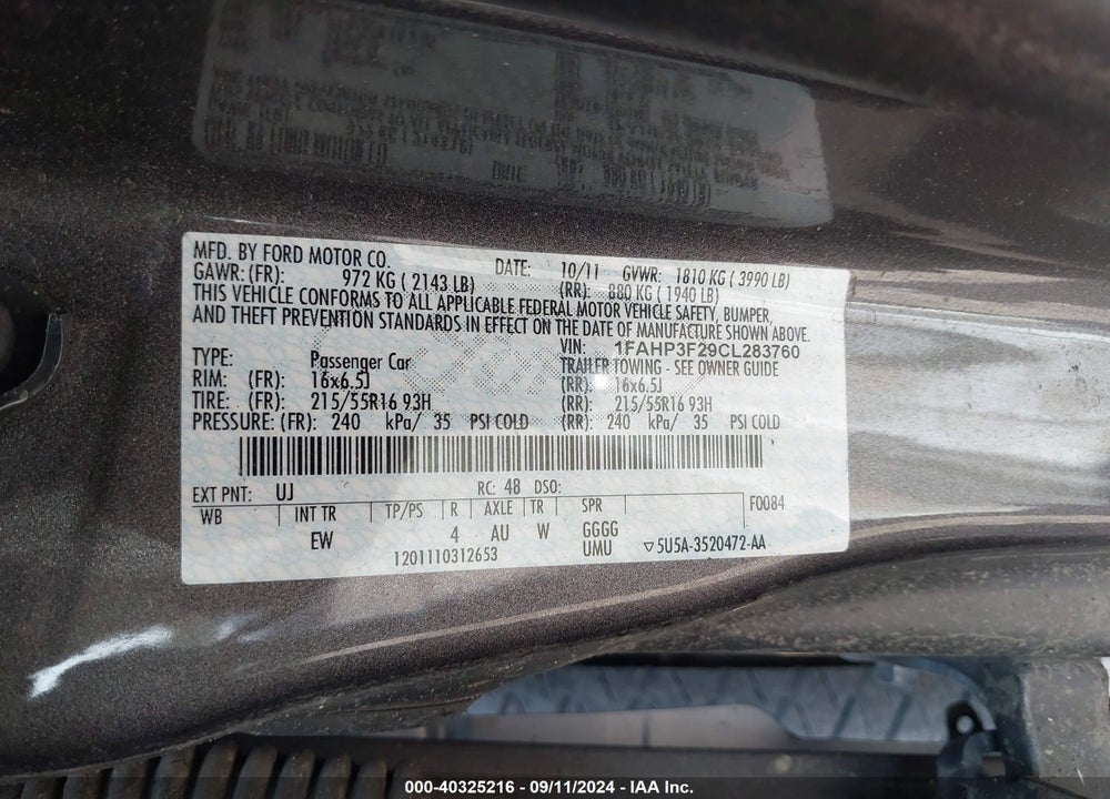 2012 FORD FOCUS SE VIN: 1FAHP3F29CL283760