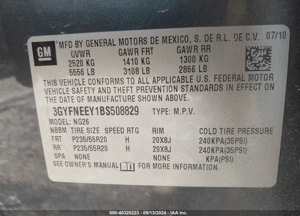 2011 CADILLAC SRX PERFORMANCE COLLECTION VIN: 3GYFNEEY1BS508829
