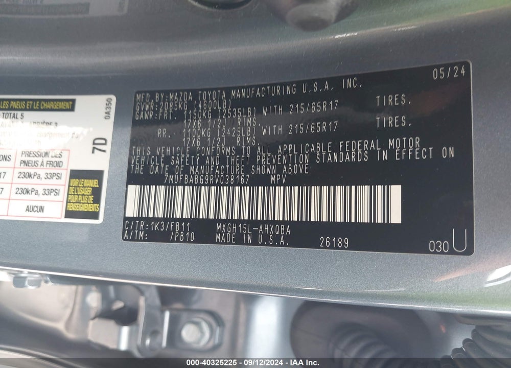 2024 TOYOTA COROLLA CROSS HYBRID S VIN: 7MUFBABG9RV038167