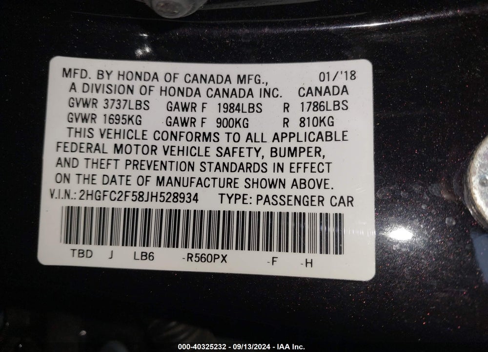 2018 HONDA CIVIC LX VIN: 2HGFC2F58JH528934