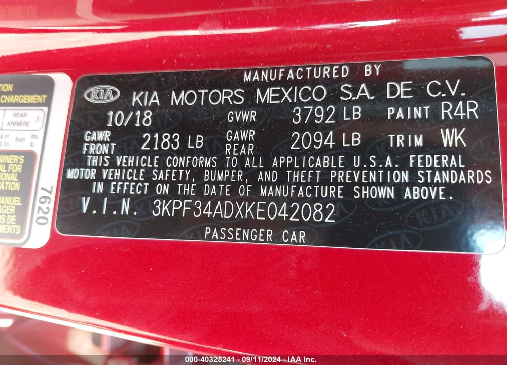 2019 KIA FORTE S VIN: 3KPF34ADXKE042082