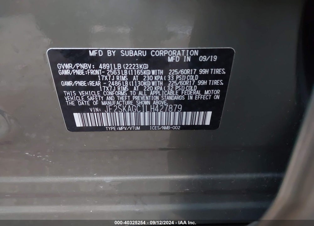 2020 SUBARU FORESTER PREMIUM VIN: JF2SKAGC1LH427879