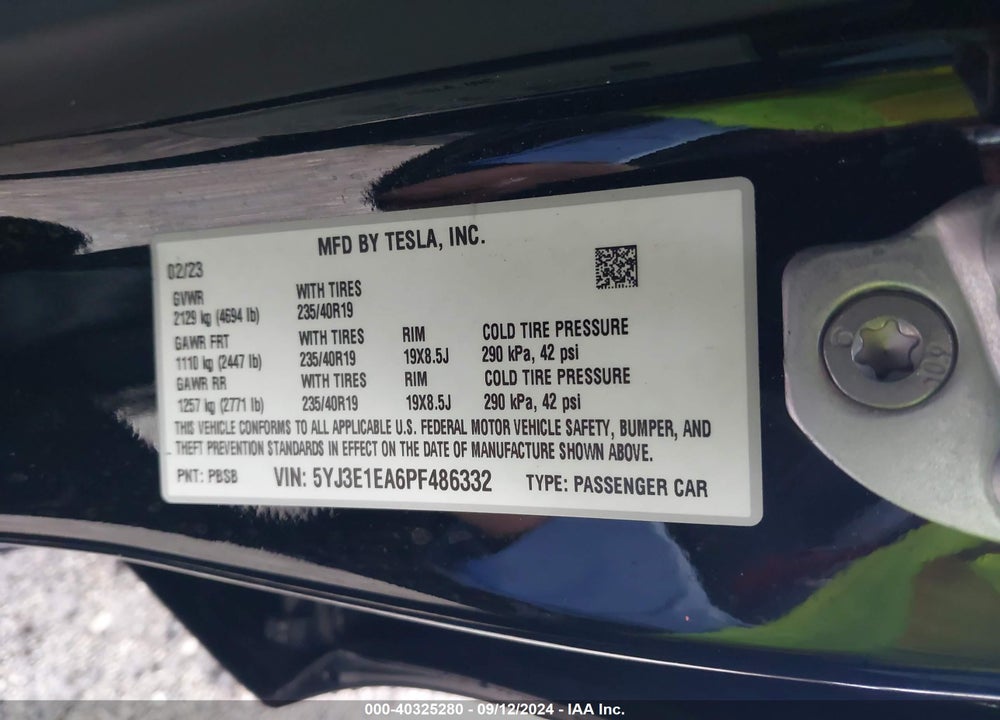 2023 TESLA MODEL 3 REAR-WHEEL DRIVE VIN: 5YJ3E1EA6PF486332