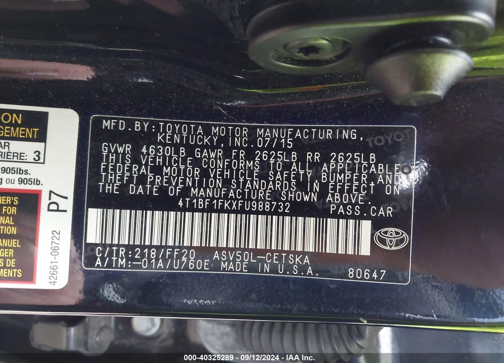 2015 TOYOTA CAMRY SE VIN: 4T1BF1FKXFU988732