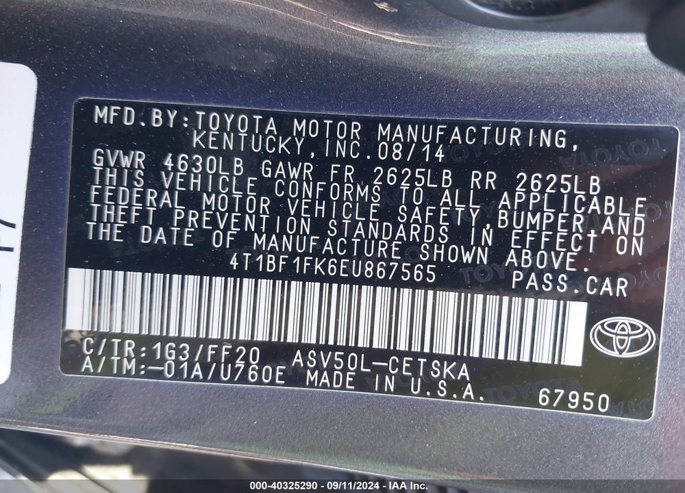 2014 TOYOTA CAMRY SE VIN: 4T1BF1FK6EU867565