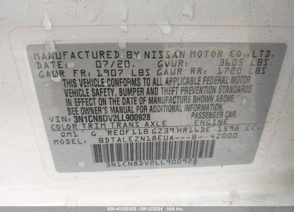 2020 NISSAN VERSA S XTRONIC CVT VIN: 3N1CN8DV2LL900928