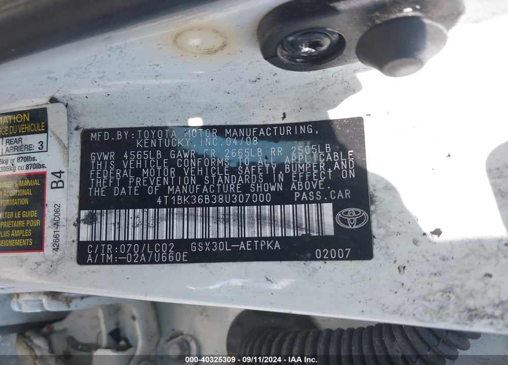 2008 TOYOTA AVALON LIMITED VIN: 4T1BK36B38U307000