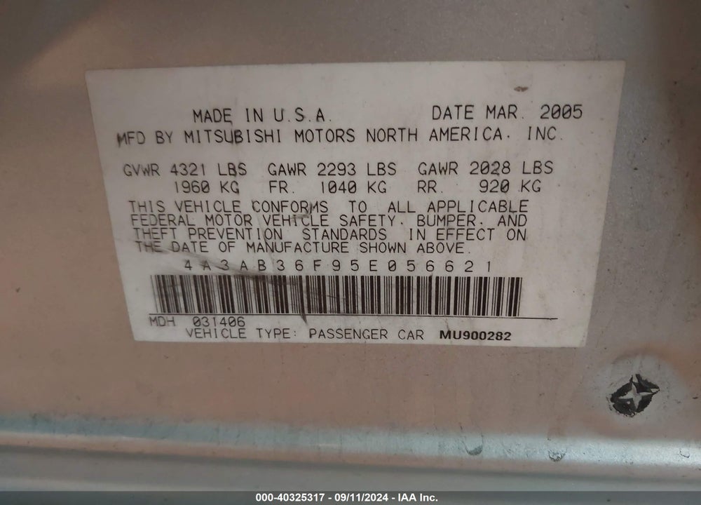 2005 MITSUBISHI GALANT ES/SE VIN: 4A3AB36F95E056621