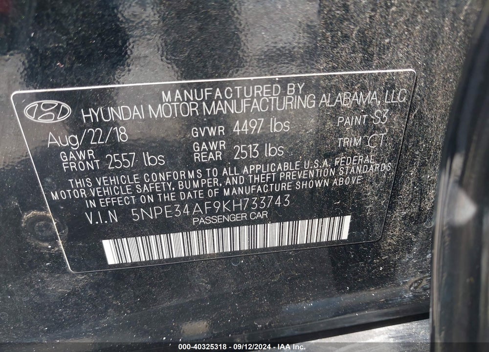 2019 HYUNDAI SONATA SPORT VIN: 5NPE34AF9KH733743