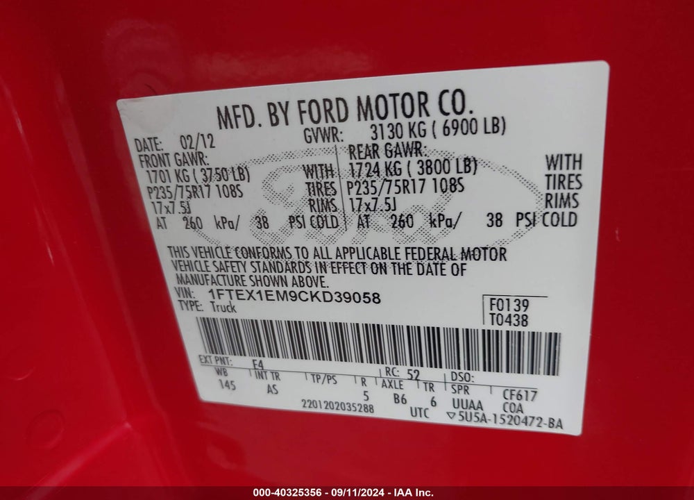 2012 FORD F-150 XL VIN: 1FTEX1EM9CKD39058