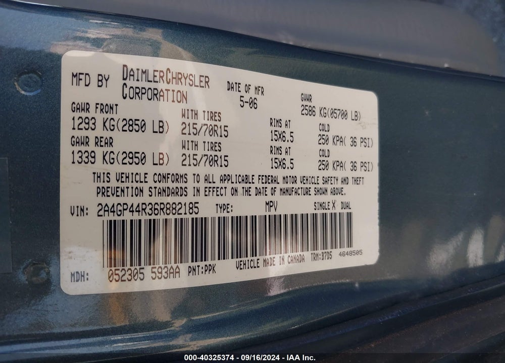2006 CHRYSLER TOWN & COUNTRY LX VIN: 2A4GP44R36R882185