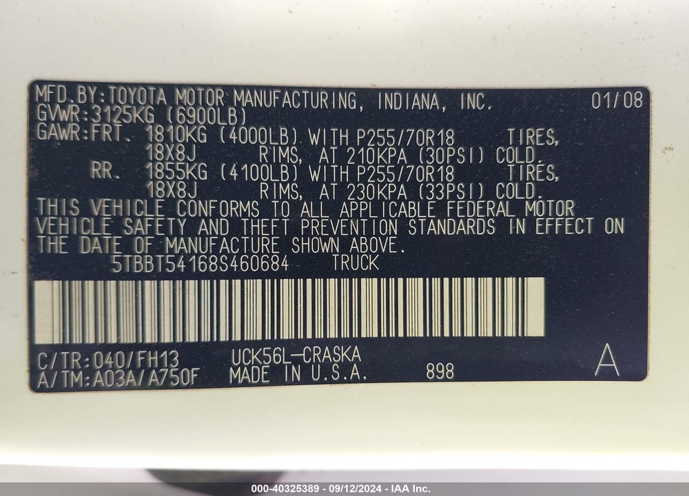 2008 TOYOTA TUNDRA BASE 4.7L V8 VIN: 5TBBT54168S460684