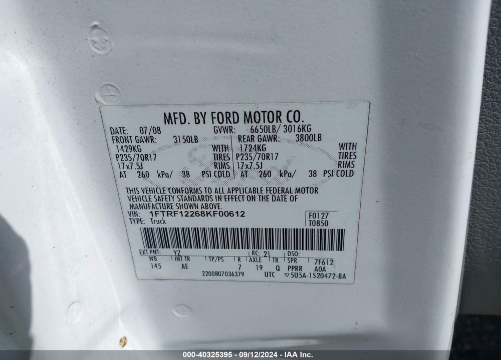 2008 FORD F-150 STX/XL/XLT VIN: 1FTRF12268KF00612