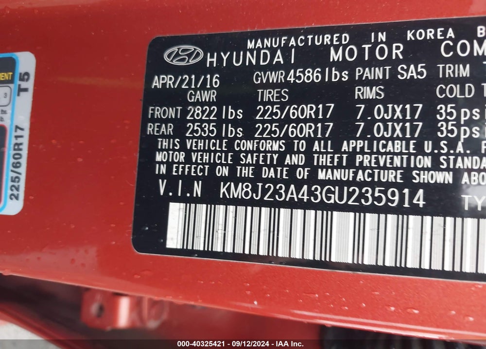 2016 HYUNDAI TUCSON SE VIN: KM8J23A43GU235914