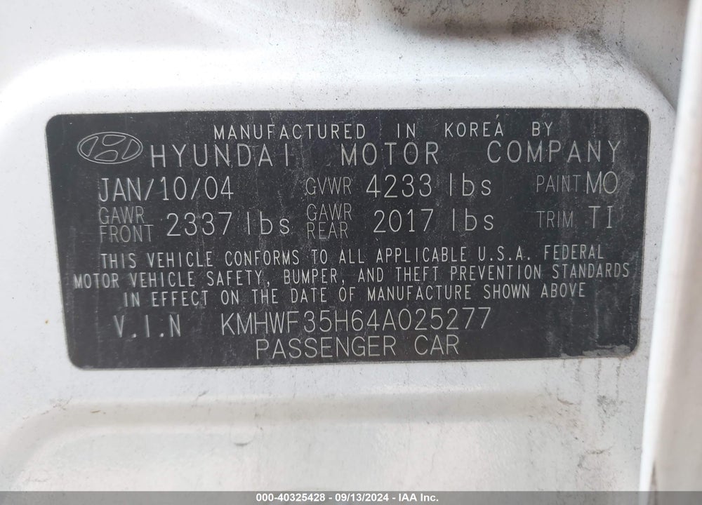 2004 HYUNDAI SONATA GLS/LX VIN: KMHWF35H64A025277