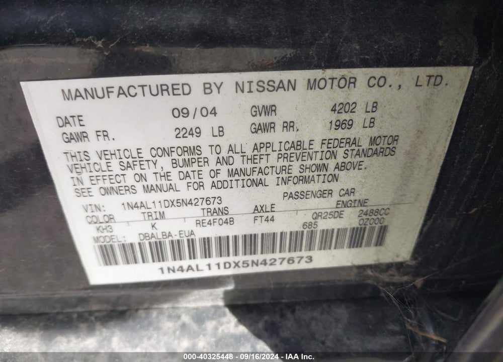 2005 NISSAN ALTIMA 2.5 S VIN: 1N4AL11DX5N427673