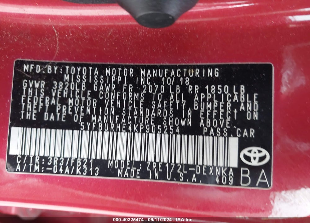 2019 TOYOTA COROLLA LE VIN: 5YFBURHE4KP905254