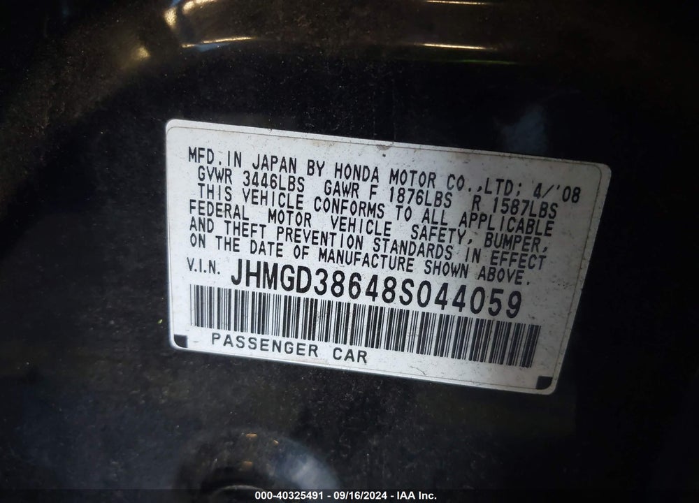 2008 HONDA FIT SPORT VIN: JHMGD38648S044059