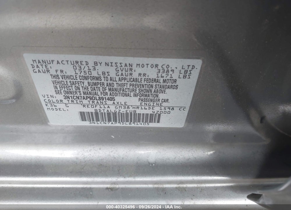 2013 NISSAN VERSA 1.6 SL VIN: 3N1CN7AP9DL891405