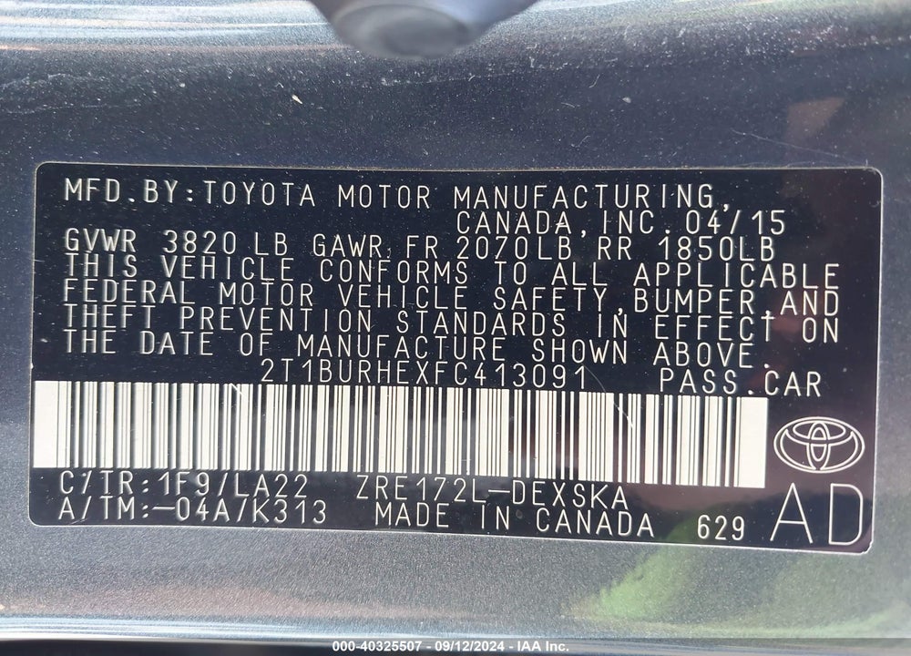 2015 TOYOTA COROLLA S PREMIUM VIN: 2T1BURHEXFC413091