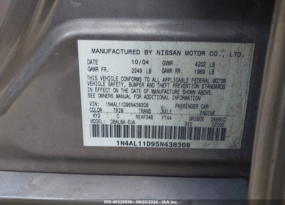 2005 NISSAN ALTIMA 2.5 S VIN: 1N4AL11D95N438308