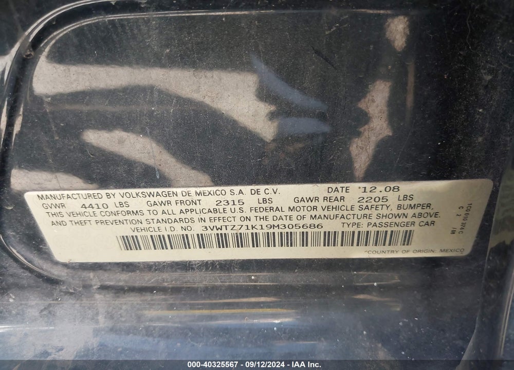 2009 VOLKSWAGEN JETTA 2.5L SE VIN: 3VWTZ71K19M305686