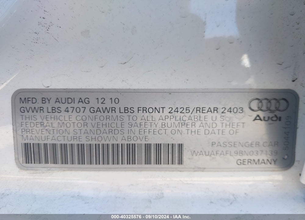 2011 AUDI A4 2.0T PREMIUM VIN: WAUAFAFL9BN037139