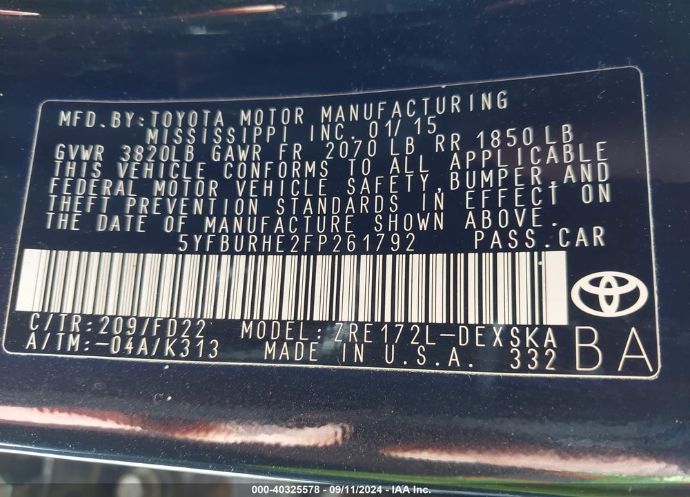 2015 TOYOTA COROLLA S PLUS VIN: 5YFBURHE2FP261792