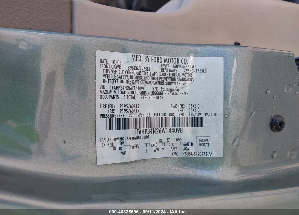 2006 FORD FOCUS VIN: 1FAHP34N26W144098