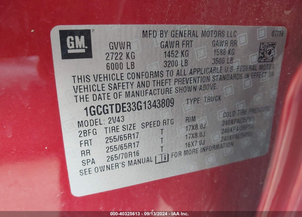 2016 CHEVROLET COLORADO Z71 VIN: 1GCGTDE33G1343809