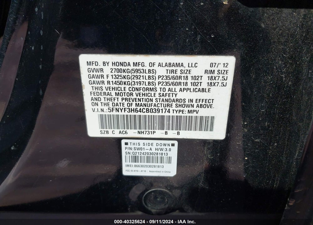 2012 HONDA PILOT EX-L VIN: 5FNYF3H64CB039174