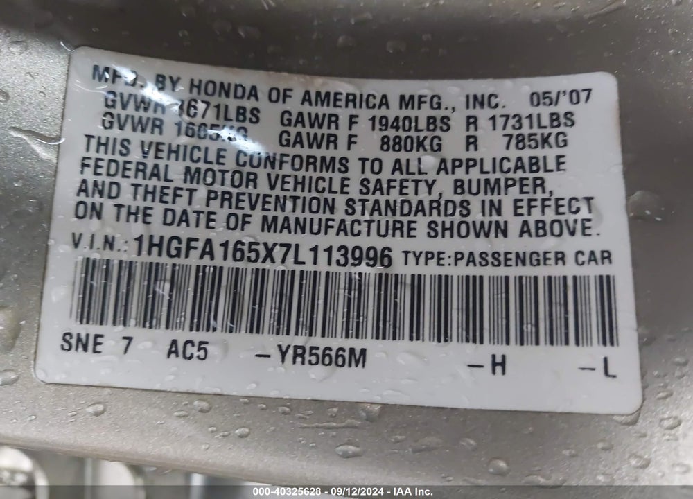 2007 HONDA CIVIC LX VIN: 1HGFA165X7L113996