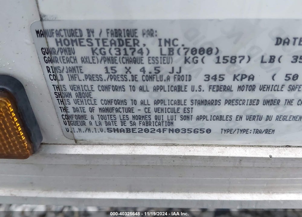 2015 HOMESTEADER PATIOT 820PT ENCLOSED TRAILER VIN: 5HABE2024FN035650