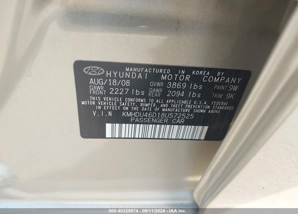2008 HYUNDAI ELANTRA GLS/SE VIN: KMHDU46D18U572525
