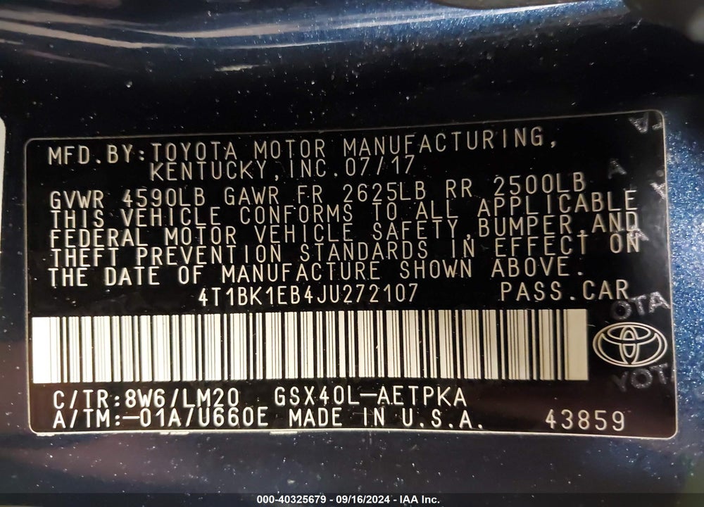2018 TOYOTA AVALON LIMITED VIN: 4T1BK1EB4JU272107