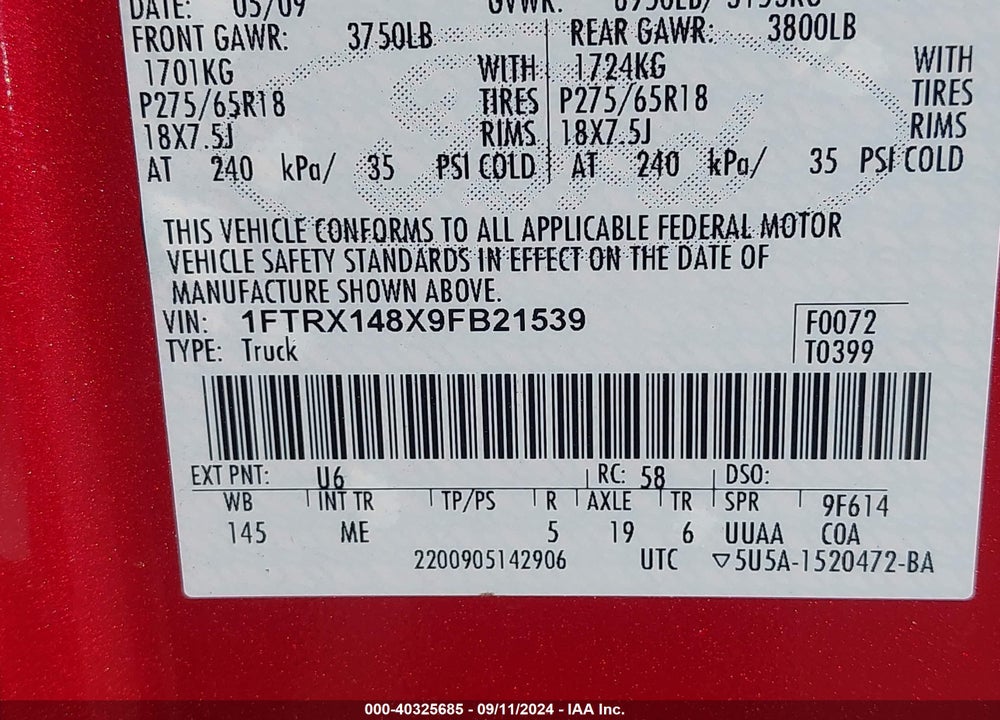 2009 FORD F-150 STX/XL/XLT VIN: 1FTRX148X9FB21539