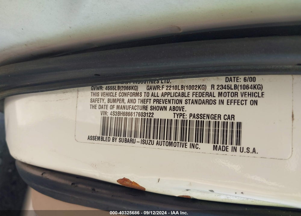 2001 SUBARU OUTBACK LIMITED VIN: 4S3BH686617603122