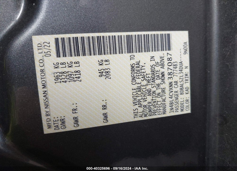 2022 NISSAN ALTIMA SR FWD VIN: 1N4BL4CVXNN387087