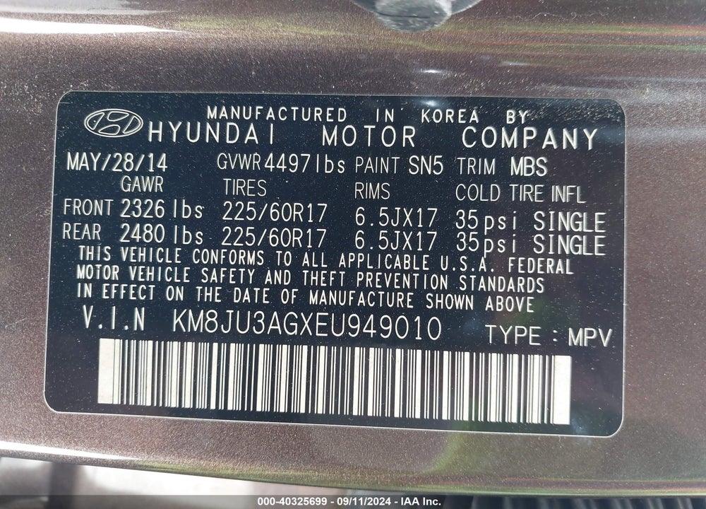 2014 HYUNDAI TUCSON SE VIN: KM8JU3AGXEU949010